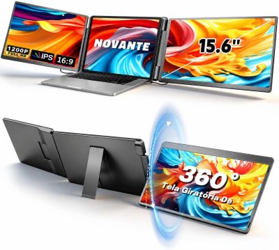 Monitor Duplo Portátil para Notebook 15.6" - Expansor de Telas Triplo com Design 360°, Baixa Luz Azul, Tela IPS FHD 1080p 60Hz, Compatível com Windows/Mac/Switch (Cabos Inclusos) 1362
