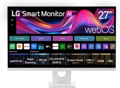 Monitor LG Smart -Tela IPS de 27" 4K UHD, HDR10, WebOS 26, Wifi, Air Play, Screen Share, Bluetooth, USB-C, 2X USB, 2X HDMI, Branco – 27U731SB