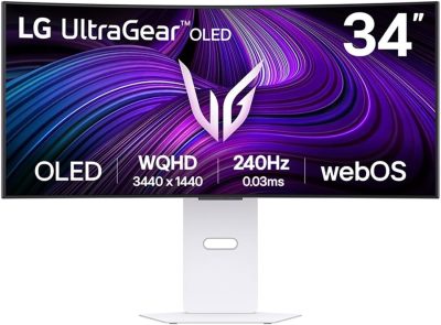 Monitor LG UltraGear Smart OLED Curvo 34”, QHD 2K, 240Hz, 0,03ms (GtG), DCI-P3, HDR400, NVIDIA G-SYNC, AMD FreeSync Premium, Branco - 34GX90SA