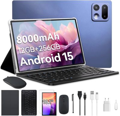 Xixaomiro Tablet Android 15 Pad 10.1", 256GB ROM + 12GB RAM, Câmera 13MP + 5MP, Bateria 8000mAh – Kit Completo com Caneta, Mouse, Teclado e Capa, Adequado para Estudo, Trabalho e Lazer (Azul marinho) cm-s13-20C