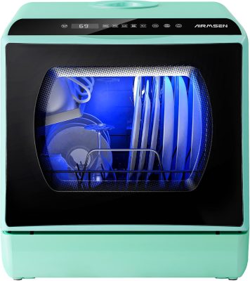 AIRMSEN TDQR03 Lava-louças portátil de bancada, mini lava-louças compacta com tanque de água embutido de 5 litros e função de secagem ao ar, 5 programas de lavagem, cuidados com o bebê, vidro e