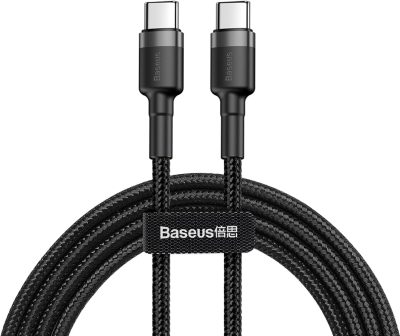 Cabo de 2 metros de Nylon BASEUS Turbo tipo C P/tipo C 60wats 3amp Cor Preto (2M - USB-C P/USB-C) CATKLF-HG1