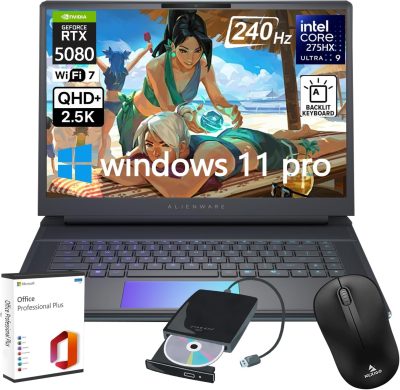 Dell Laptop para jogos Alienware 16 Area-51, Intel Ultra 9 275HX (até 5,4 GHz), NVIDIA GeForce RTX 5080, tela QHD+ 240Hz de 16 polegadas, SSD DDR5-2TB de 64 GB, KB retroiluminado, Win 11 Pro, WiFi 7 AW16R2-9503SLV-PUS