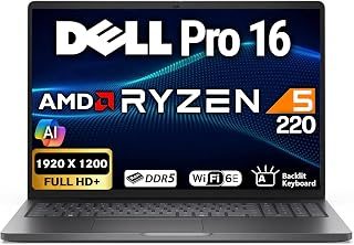 Dell Pro 16 FHD+ 40.6 cm (substitui Latitude 3550), AMD Ryzen 5 220, 16 GB DDR5 RAM, SSD de 256 GB, teclado retroiluminado, WiFi 6E + BT, RJ-45, HDMI, webcam HD, W11P, laptop empresarial, preto