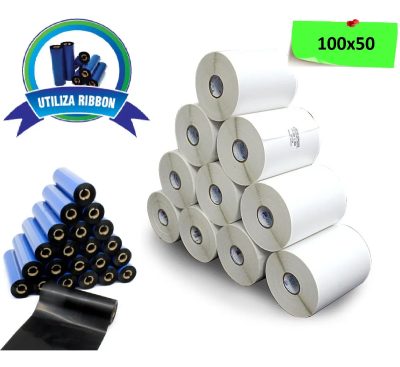 Kit 10 Rolos Opcao Etiquetas 100x50 10x5 Couche Adesiva + 5 Ribbons 110x74