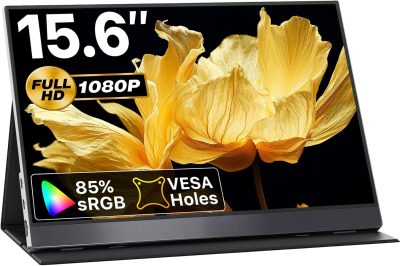 Portable Monitor-15.6 Inch Travel Screen FHD FreeSync Frameless Eye Care USB-C Computer Display with Type-C HDMI Speakers for Laptop PC Mac Surface PS4/5 Xbox Switch, with Smart Cover, VESA Mountable