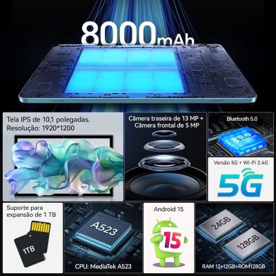 Tablet S7P Android 15 10.1 Polegadas IPS Full HD 24GB RAM(12GB+12GB Expansão) 128GB ROM Processador A523, Câmera 13MP+5MP Bateria 8000mAh, Kit Completo Teclado Mouse Capa Película para Estudo Trabalho
