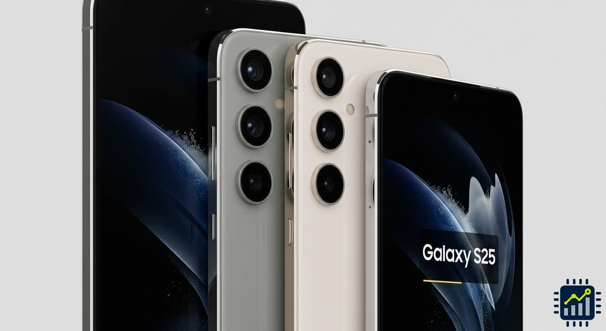 Samsung Galaxy S25 (2025) – Review Completo da Linha com Avaliação, Preço e Onde Comprar no Brasil 1 Vários modelos do smartphone Samsung Galaxy S25 alinhados, destacando o design premium e as câmeras, representando a linha completa de 2025.