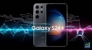Smartphone Samsung Galaxy S24+ em destaque, com elementos visuais que representam sua tela avançada, desempenho poderoso e recursos de inteligência artificial (IA), em um fundo moderno e tecnológico.
