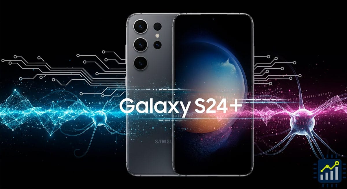 Samsung Galaxy S24 (2025) – Análise Completa da Tela, Desempenho e IA no Brasil 1 Smartphone Samsung Galaxy S24+ em destaque, com elementos visuais que representam sua tela avançada, desempenho poderoso e recursos de inteligência artificial (IA), em um fundo moderno e tecnológico.