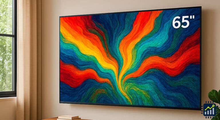 Uma elegante Smart TV Samsung de 65 polegadas montada na parede de uma sala de estar moderna, exibindo uma imagem vibrante e colorida na tela, criando uma experiência de visualização imersiva.